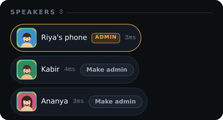 The Speakers list in a BeatBuddies party, with the host marked Admin and a Make admin button next to each guest