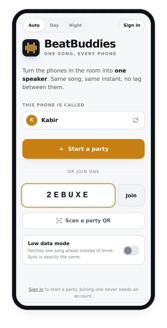 The BeatBuddies start screen with a party code typed in and the Join button