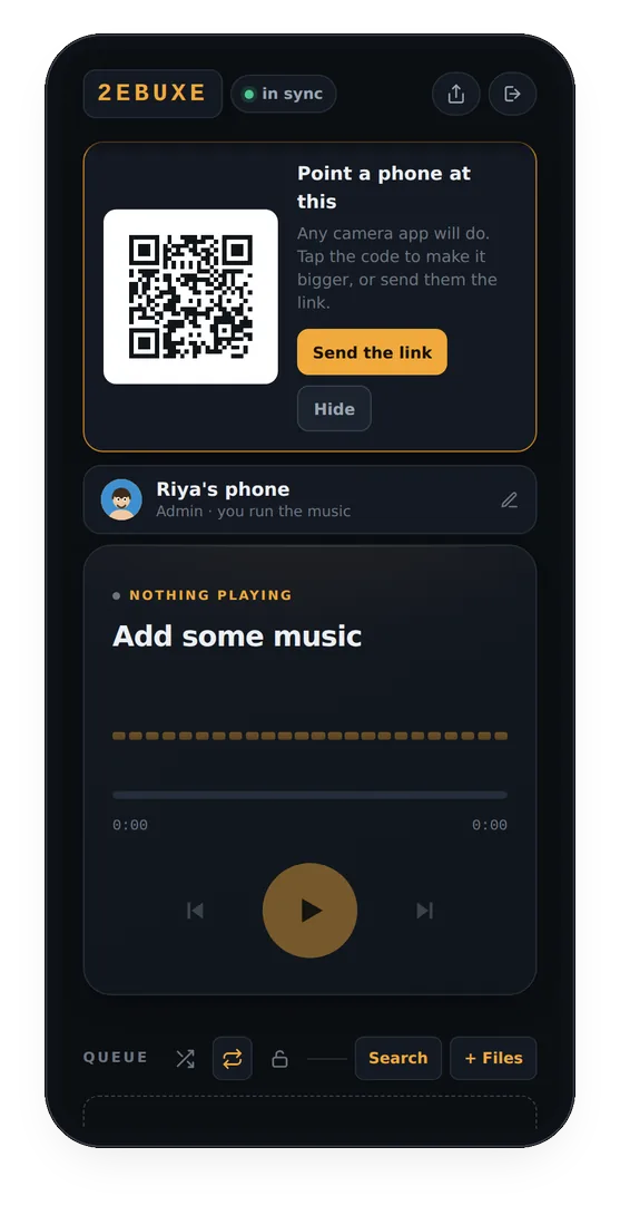 A new BeatBuddies party showing its QR code, the six character party code and an empty queue